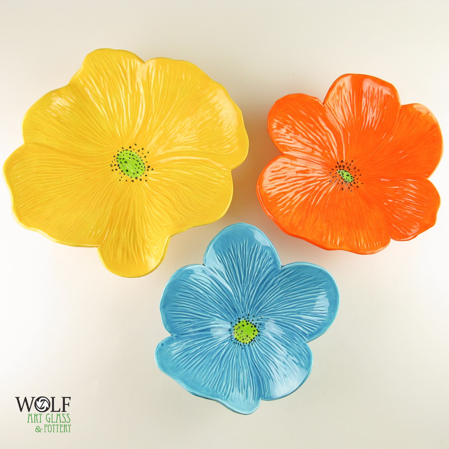 Ceramic Wall Art Bright Yellow, Orange and Turquoise Poppy Flower Trio, Children Decor, Nursery Decor, Kid Decor