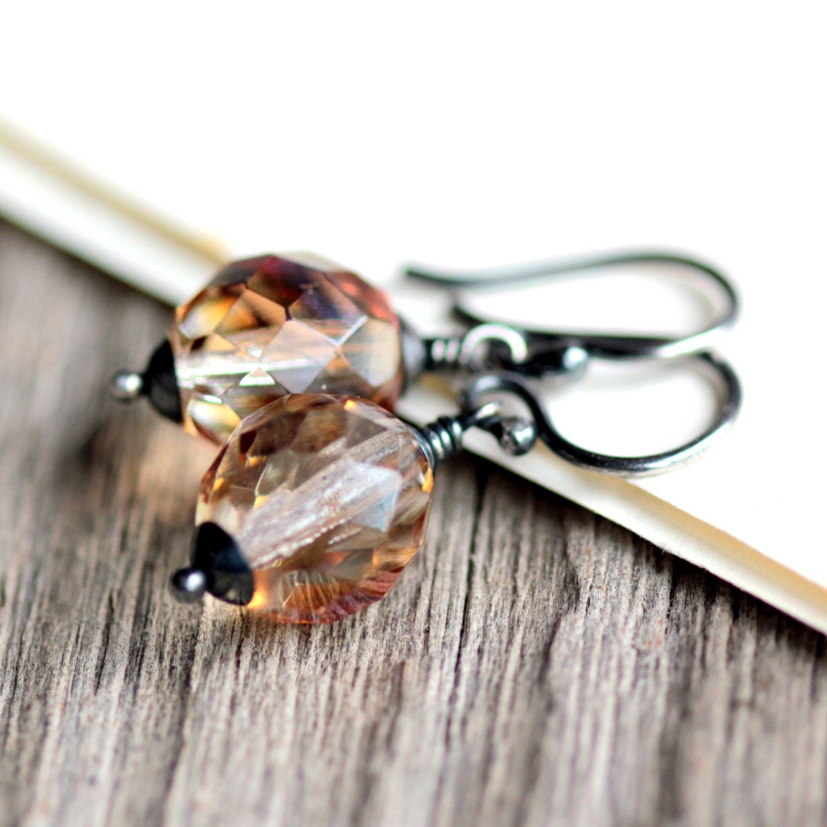 Topaz Beaded Earrings Czech Glass and Oxidized Sterling Silver - Honeyed Wine