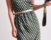 Green White Polka Dots Silk Satin Short Sleeves Shift Dress