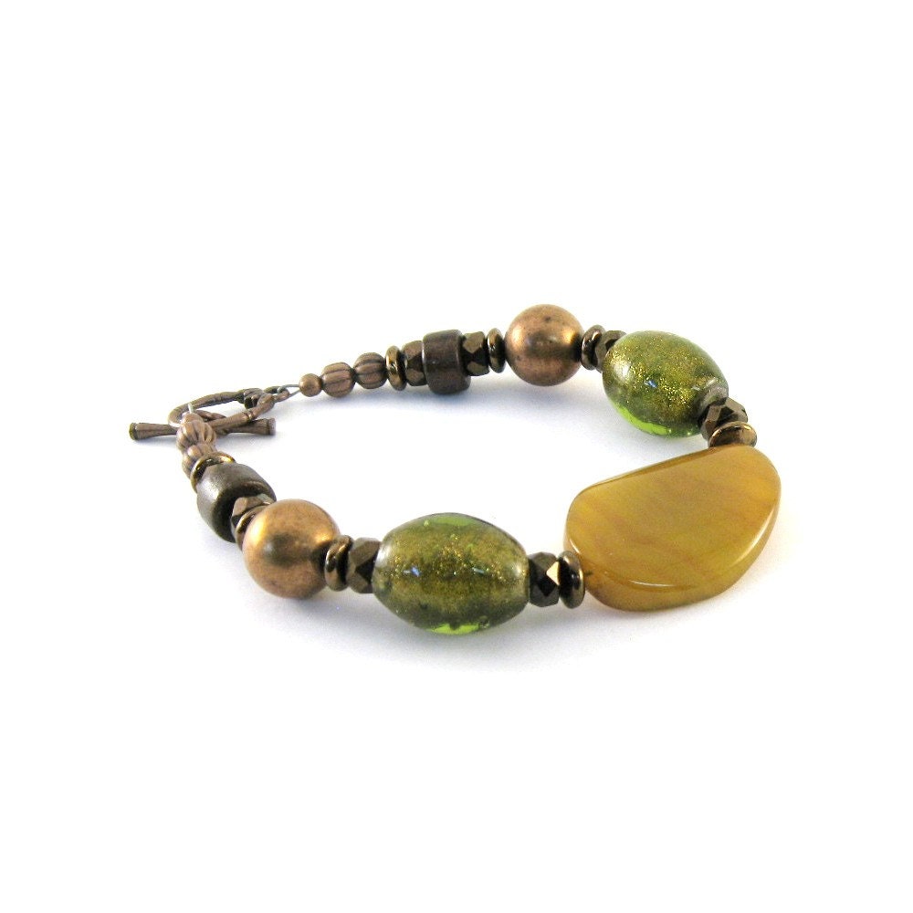 Lemon Agate Bracelet Lemon Lime Glass Antique Bronze Antique Copper Brown Beaded Bracelet
