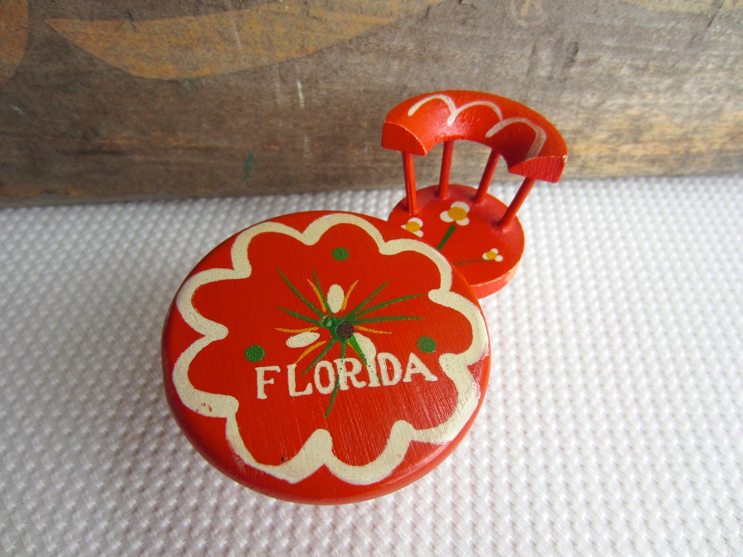 Vintage Mini Orange Wood Table and Chair Florida Souvenir Display Dollhouse