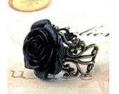 Black Tea Rose Ring. Adjustable. Cocktail Ring. Brass Filigree Ring.