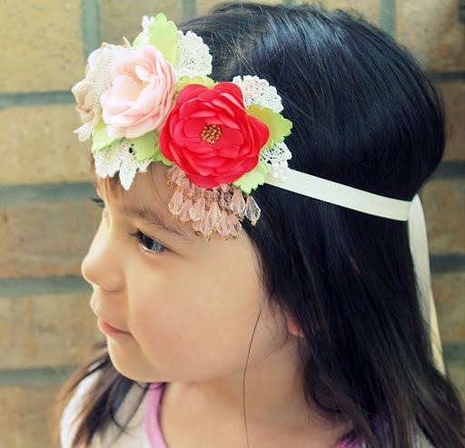 Pink, Coral and creamy beige trio of handmade flowers with beading on ribbon sash (Ready to ship) ROSALEA