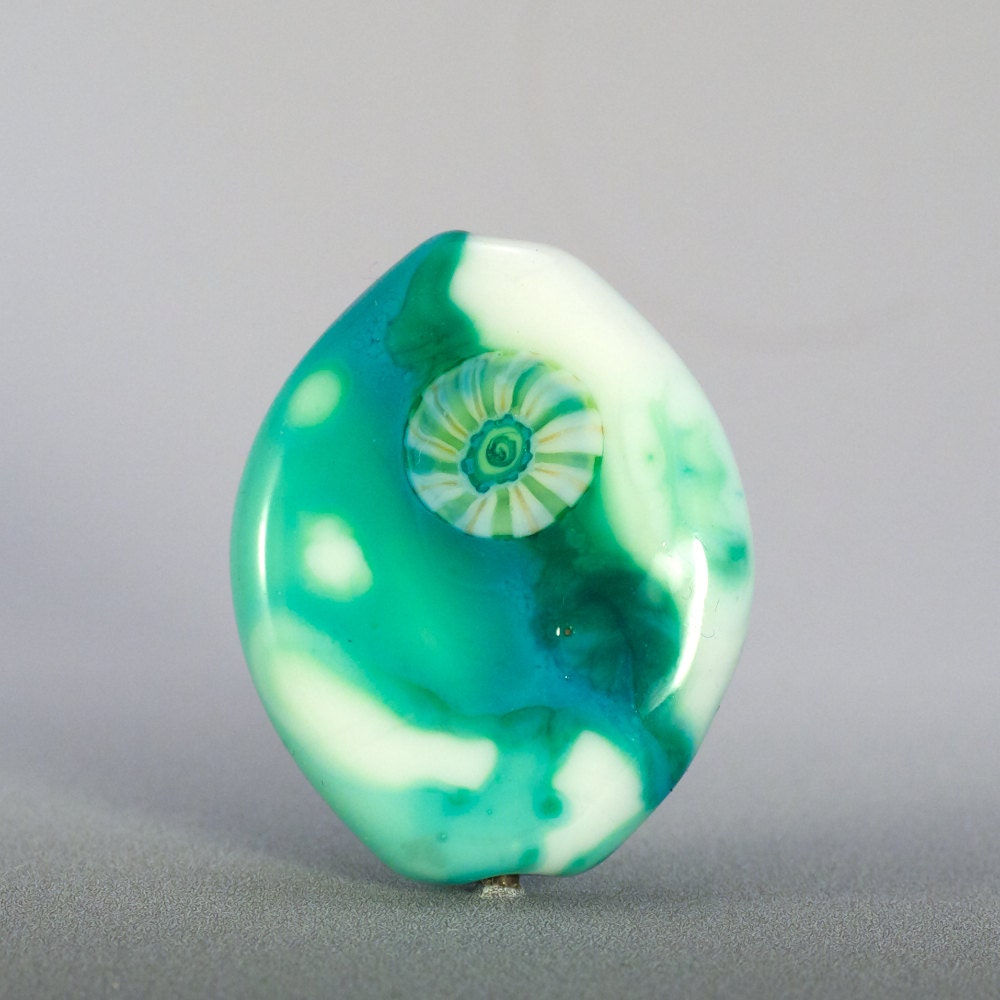 Grass is Green - small lampwork focal bead in white, green, teal, cream and yellow