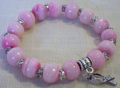 Breast Cancer Awareness Vintage Pink Milk Glass Tibetan Silver "HOPE" Charm Bracelet