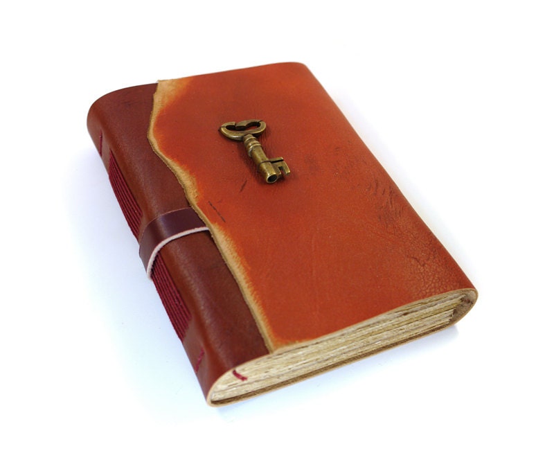 Handbound Leather Journal, Journal with Key - Old Paper, Gradient Leather, Rust Orange Fall Color