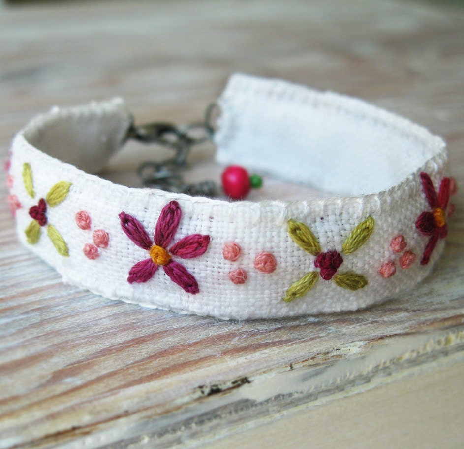 Embroidered Bracelet - Pink and Green on White