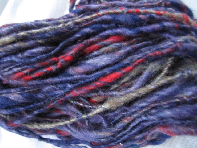 Purple Blue Handspun Merino Sparkle Yarn with Flash Red 39yards