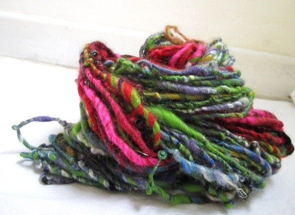 Poppy Red Purple Green Sparkle Merino Fiber Blend Art Yarn 52yards