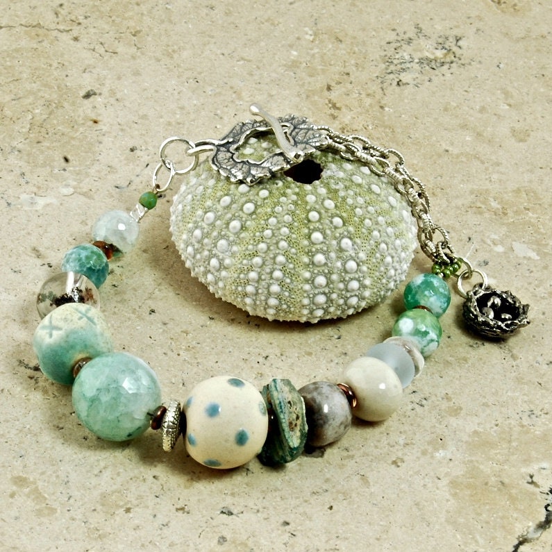 Closeout SALE was 65 Vanilla Mint, Sea Foam, Pistachio, Ceramic, Stone, Sterling OOAK Artisan Bracelet ESCB103