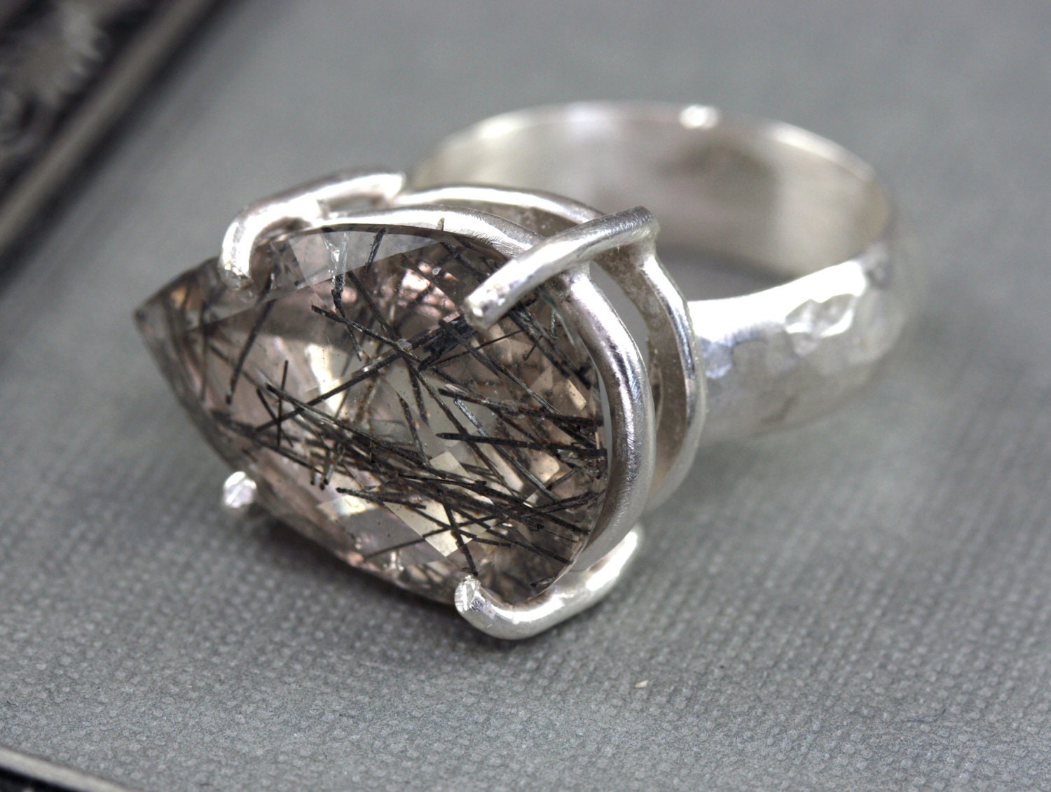 Large Stone Ring, Cocktail Ring, Tourmalized Quartz Ring, Big Gemstone Ring, Statement Ring, Prong Set Ring, Silver Ring