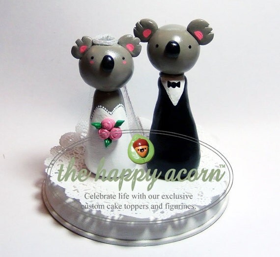 Wedding Cake Topper KOALA BEARS - Animal Kawaii Bride and Groom Figurine Couple - Handmade by The Happy Acorn
