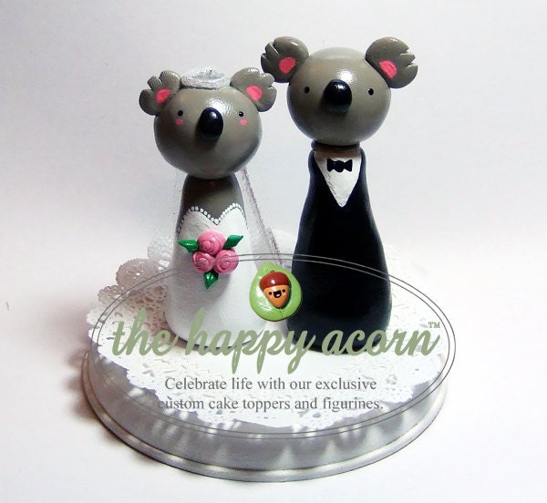 Wedding Cake Topper KOALA BEARS - Animal Kawaii Bride and Groom Figurine Couple - Handmade by The Happy Acorn