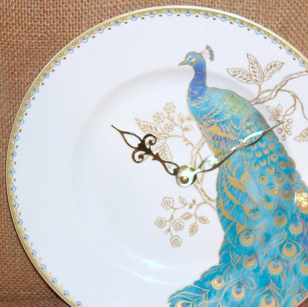 9" Wall Clock - Turquoise Blue Peacock Porcelain Plate Wall Clock - Home Decor -  No. 1024 (8-3/4inches)
