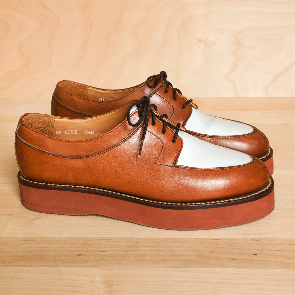 RESERVED...Vintage 90s Ralph Lauren platform creepers 7.5. Tan & white leather women's flatform oxfords size 7.5.