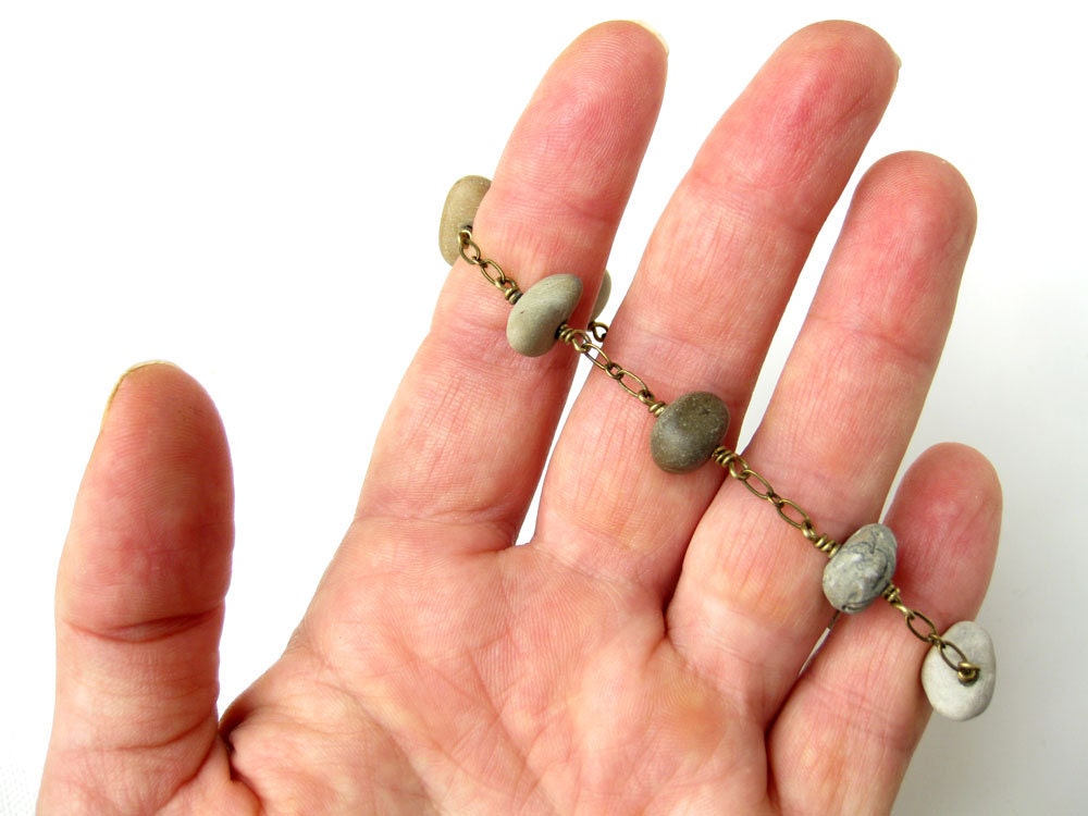 Natural river rock bracelet.  Natural stone jewelry handmade in Wisconsin. "Dainty Stone Bracelet on Antiqued Brass" 1251