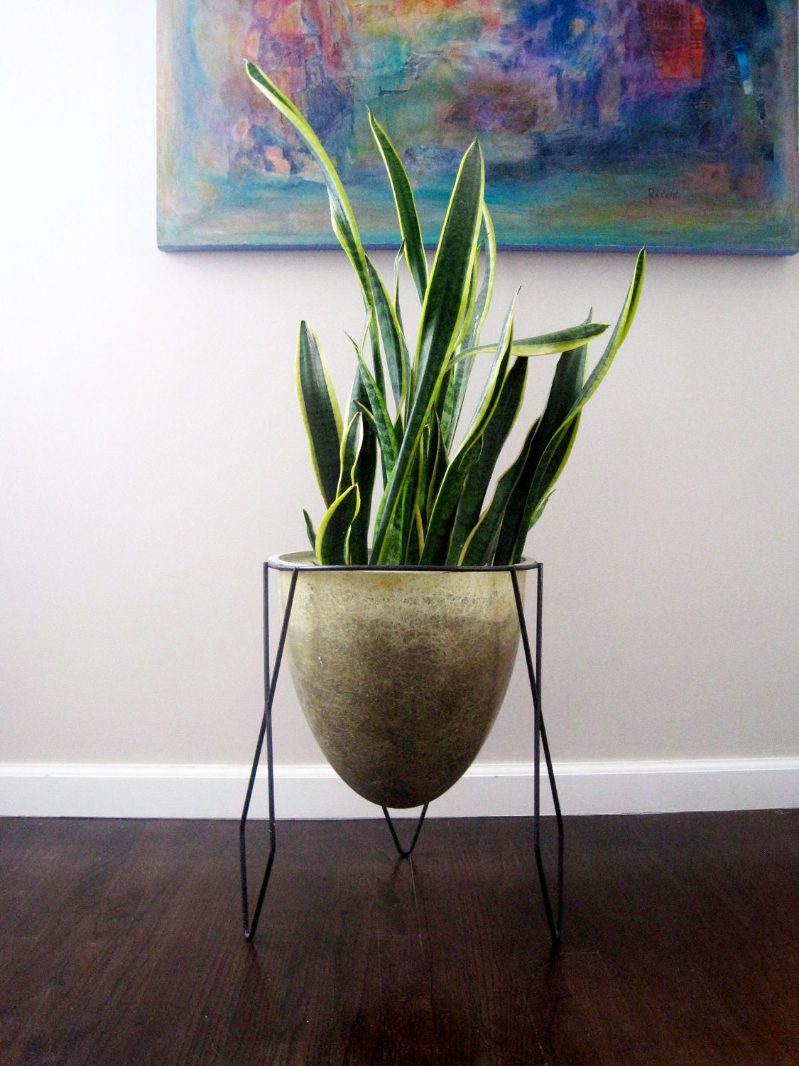 Mid Century Modern Fiberglass Bullet Planter in Atomic Base