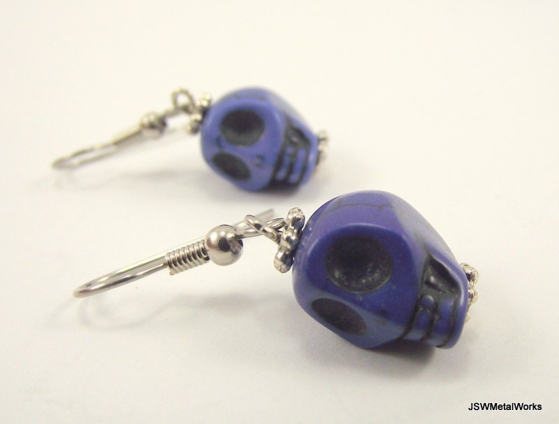 Mini Blue Skull Earrings, Small Earrings - JSWMetalWorks