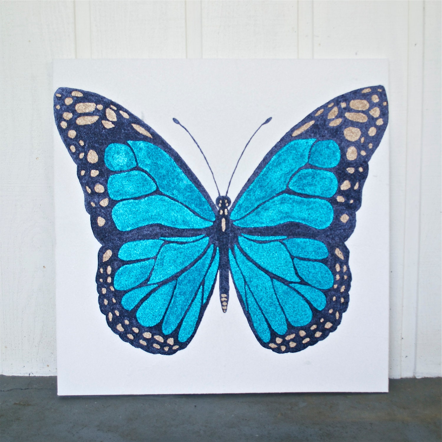 Wall Art - Glitter Art - Teal Butterfly - HUGE - 36x36 - Original - Wedding
