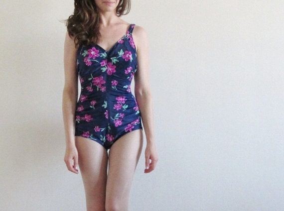floral mallot swimsuit . retro 1960 one piece .medium .sale