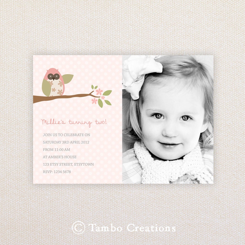 Photo Birthday Party Invitations. Girls sweet owl design. I Customize, You Print. Il_170x135