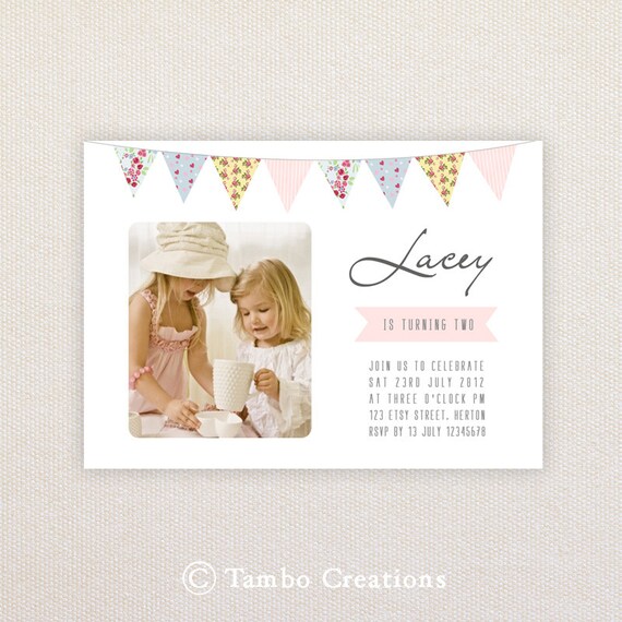 Photo Birthday Party Invitations. Sweet bunting. I Customize, You Print. Il_570xn