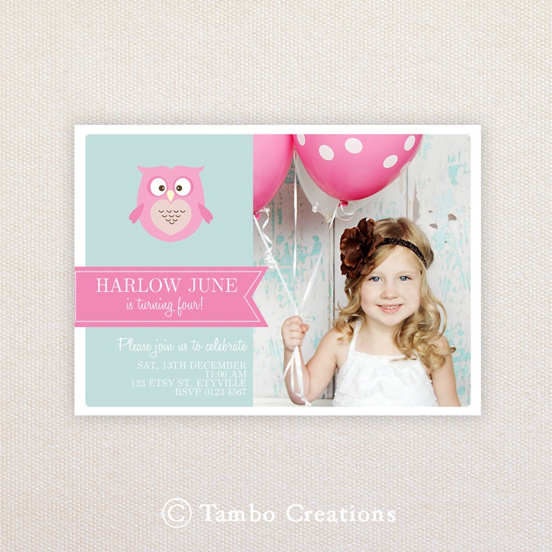 Photo Birthday Party Invitations. Sweet Pink Owl. I Customize, You Print. Il_570xn