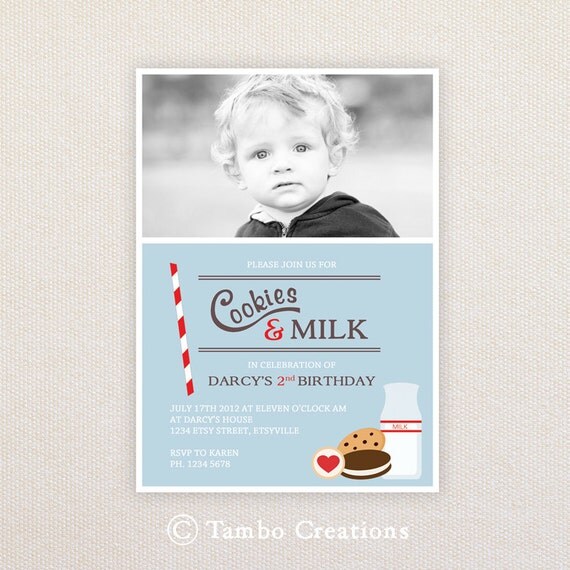 Boys Birthday Party Invitations. Milk and Cookies. I Customize, You Print. Il_570xn