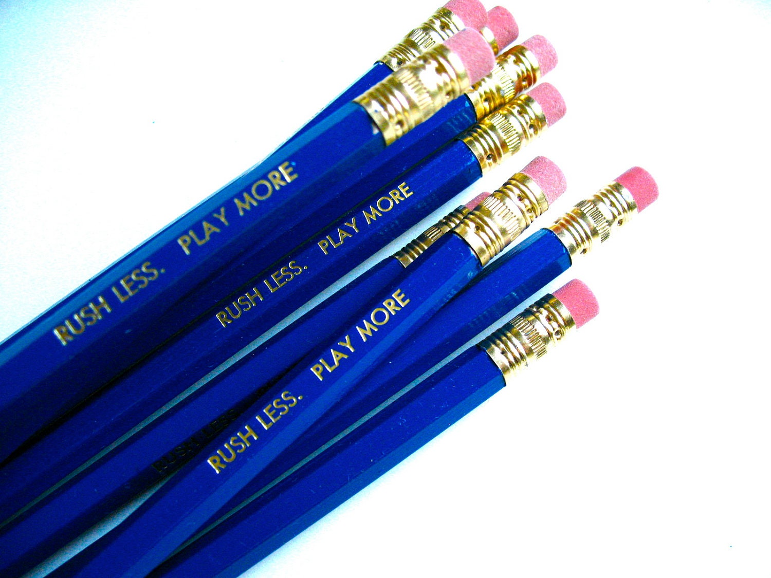 6 PENCILS - rush less play more - cobalt blue GRAPHITE HEX pencil set w/ kraft pencil case - Graduation gift - thebigharumph
