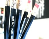 PENCILS (6) - Hello. Also I love you - black and gold GRAPHITE hex pencils w/ stamped craft pencil case