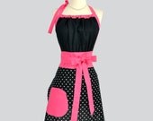 Cute Kitsch Apron : Modern Design in Simple Black with White Dot with Hot Pink Trim