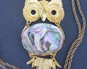 Vintage Articulated Owl Necklace - Large Abalone Pendant
