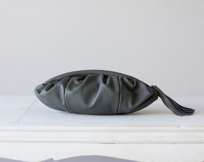 Grey soft leather clutch with pleats - Phaedra clutch