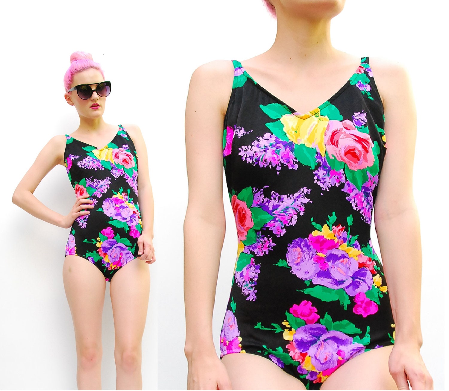 70s Swimsuit - Roxanne Floral One Piece Swimsuit - Bold Print Bathing Suit - Pin Up Swim - 1970s Black Swimsuit - 34 D S 2 4 6