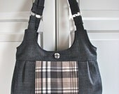 Pleated Shoulder Bag in Black Denim with Beige and Black Plaid - ready to ship