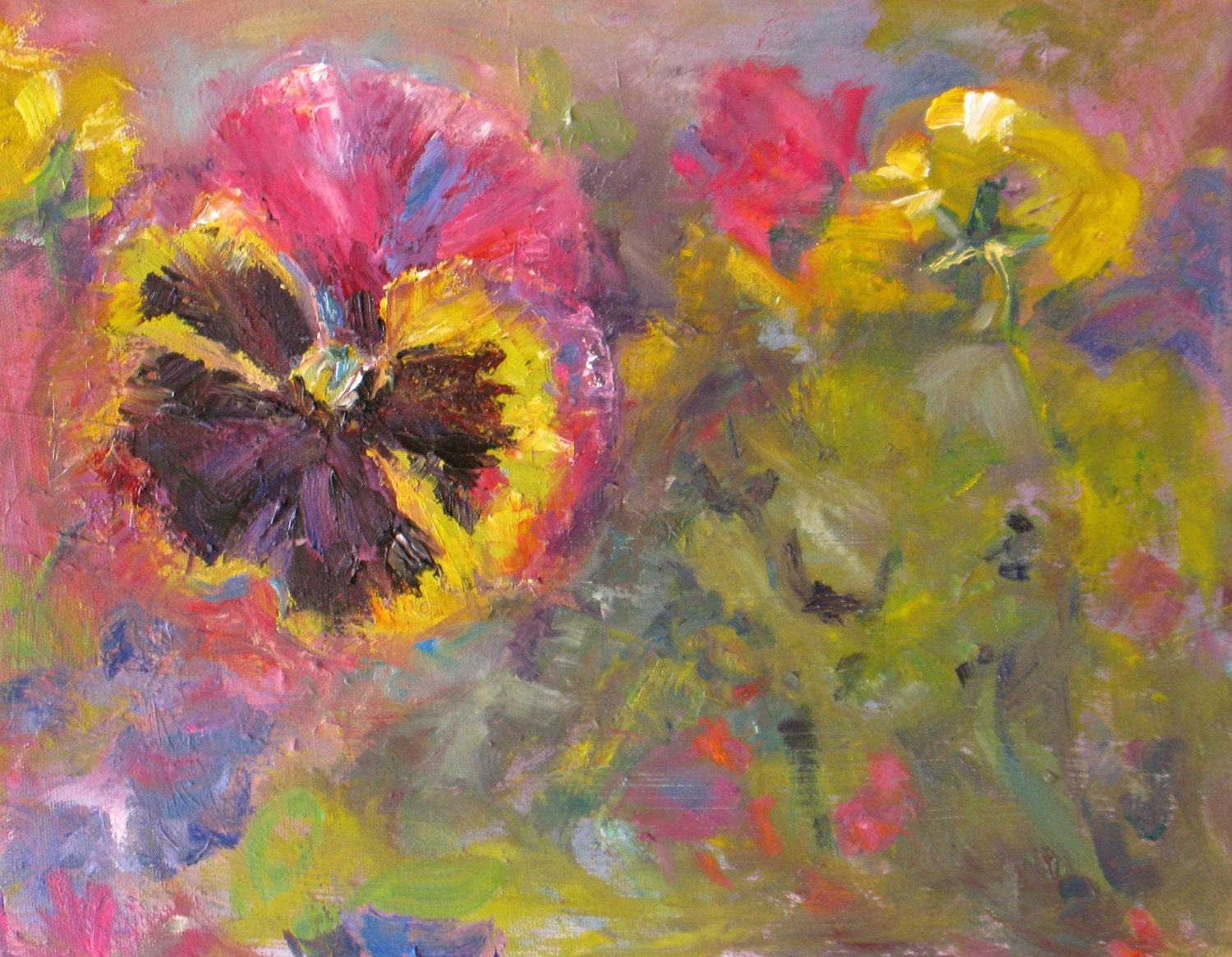 impressionism pansy original oil painting canvas impasto flower garden floral landscape palette knife 11 x 14 fine art