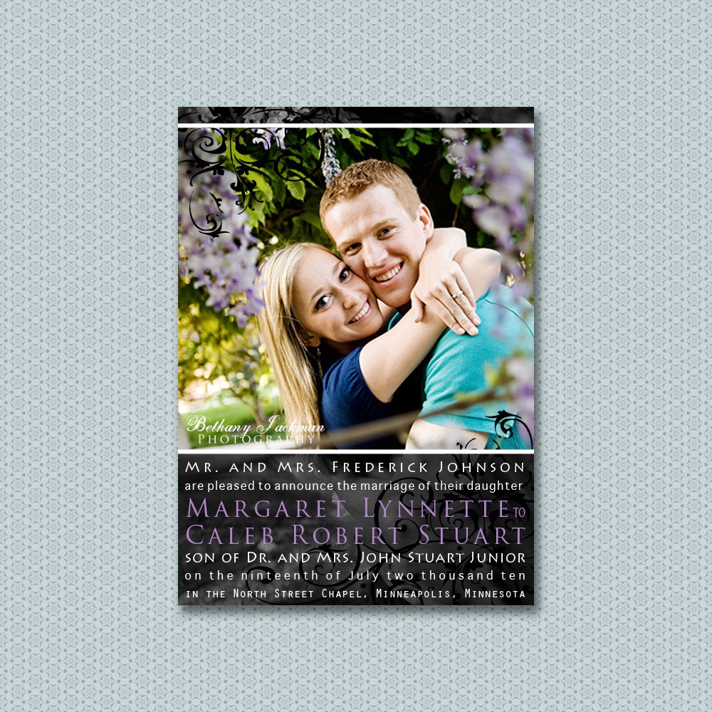 Elegant Flourish, and printable wedding invitation with an engagement photo