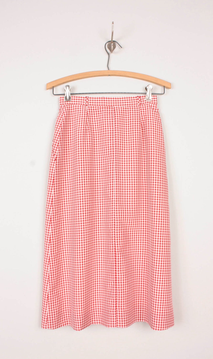 1980s High Waisted Skirt / Red & White Gingham Check - Womens XS - Pleated High Rise Below the Knee Skirt