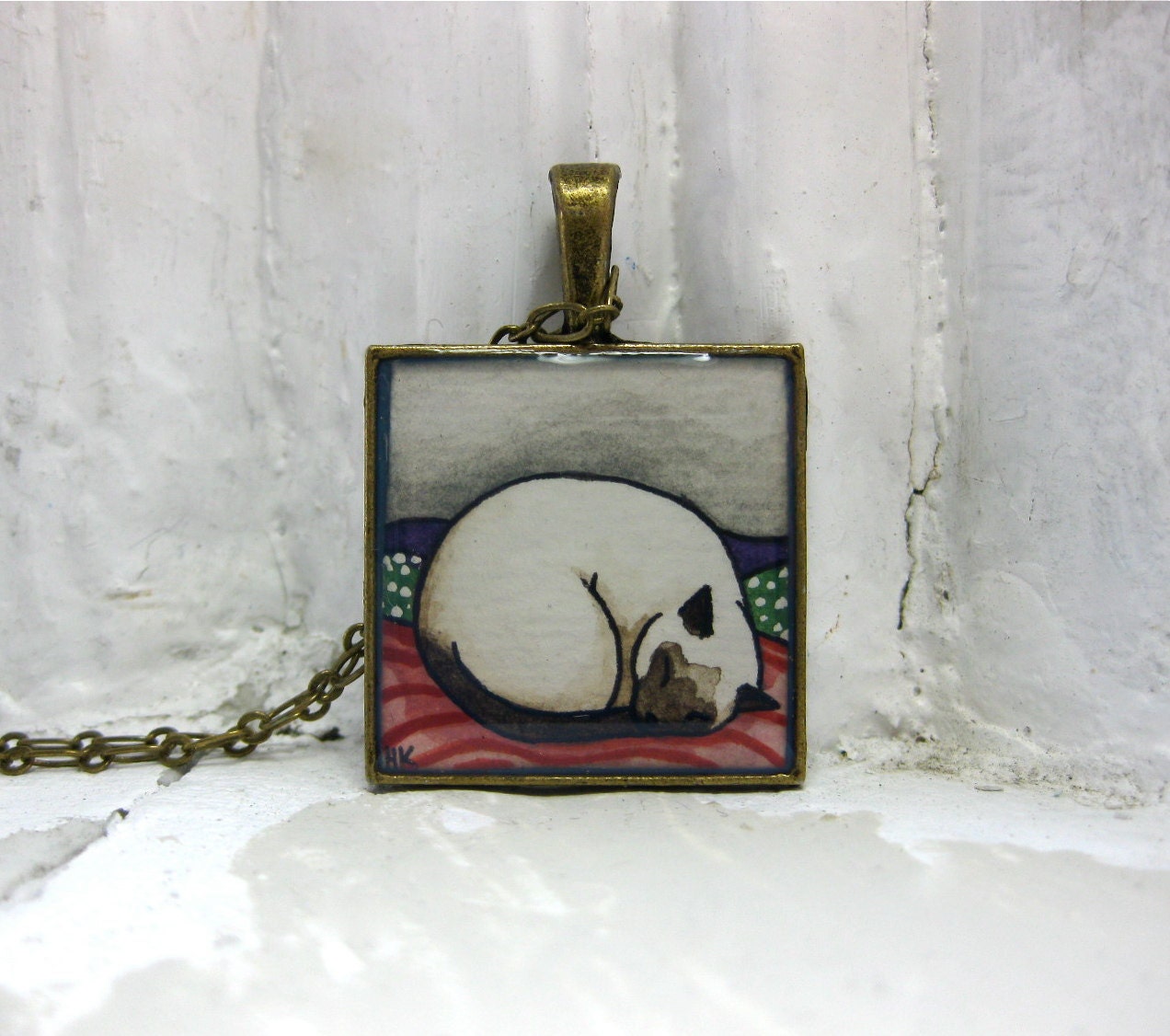 Curled up Cat Necklace - Hand Painted Necklace, Original Art - Siamese Cat Pendant- Black Friday / Cyber Monday SALE