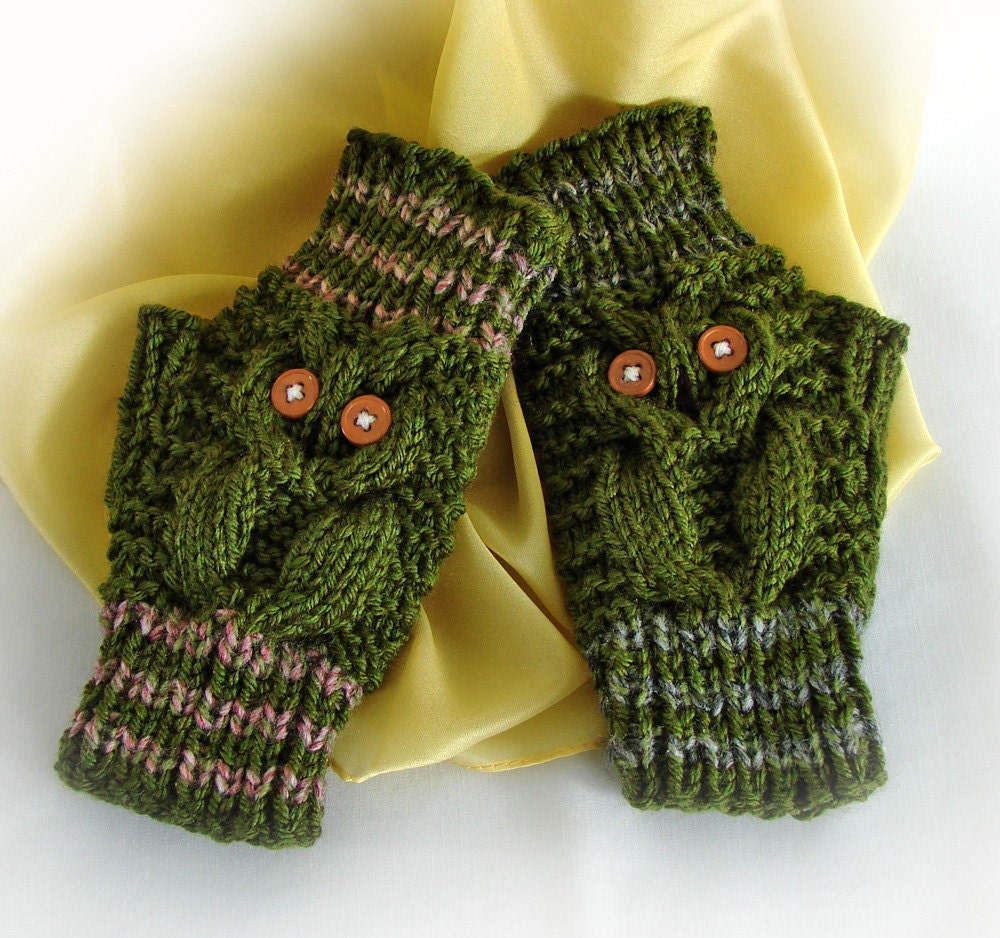 Fingerless Owl Gloves - Bright Olive Green with Light Striped Accents - Acrylic