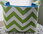 Reversible Organizer Fabric Chevron Lime Green ZIg Zag with Turquoise lining  Bin Basket Storage