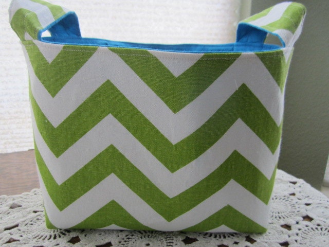 Reversible Organizer Fabric Chevron Lime Green ZIg Zag with Turquoise lining Bin Basket Storage