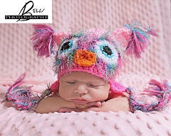 Crochet Owl Hat - Sleepy Owl Earflap Hat - Crochet Hat - Newborn Hat - Photo Prop - Crochet Sleepy Owl Hat