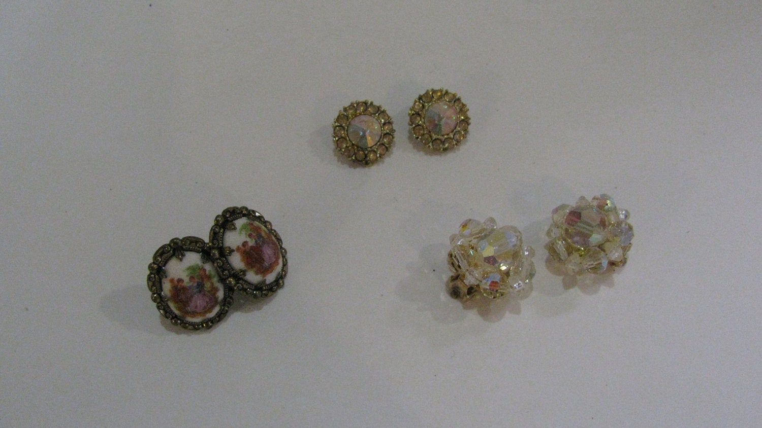 Vintage Trio of Clip Earrings - Clip Ons - Marked Lisner - W Germany - Rhinestone - Aurora Borealis - Costume Estate Jewelry
