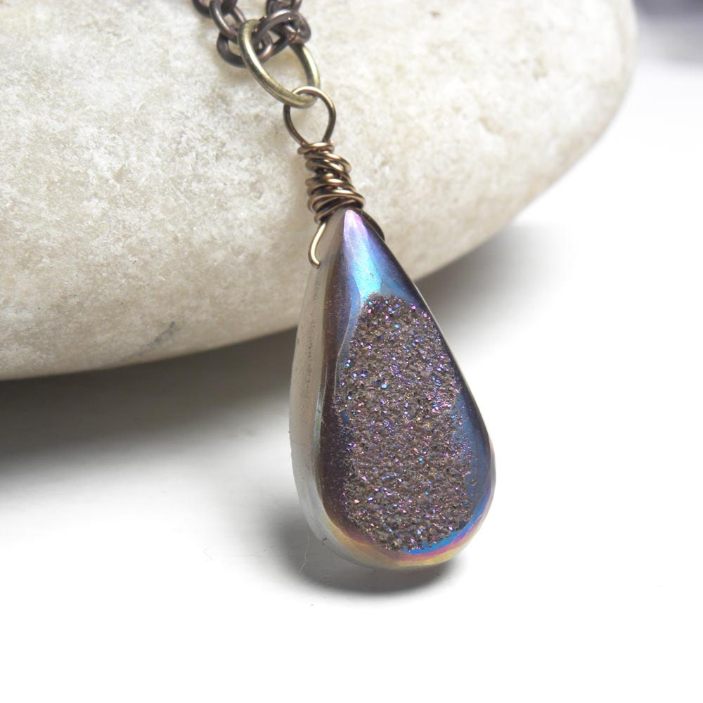Titanium Druzy Wire Wrapped Vintaj Brass Pendant Necklace