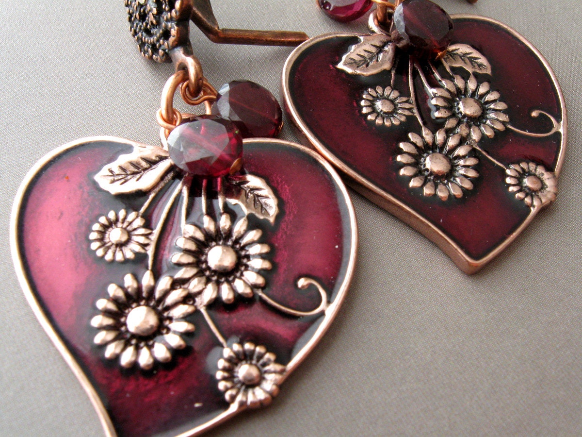 Cranberry Jam Earrings with enamel hearts in ruby red and rose gold colors