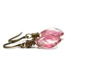 Fuchsia Pink Leaf Earrings, Hot Pink Leaves, Antiqued Brass Wire Wrapped June Birthday Spring Fashion Jewelry Under 15