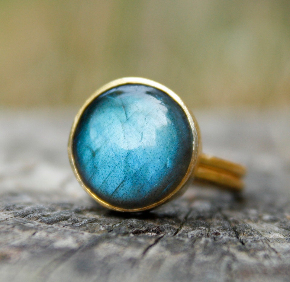 Midnight Blue Green Labradorite Ring - Round Cut - Adjustable Ring, Cobalt Blue