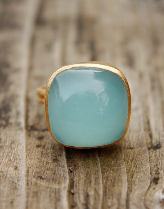 SALE Large Aqua Blue Chalcedony Ring - Rectangle - Adjustable Ring, Marked Down