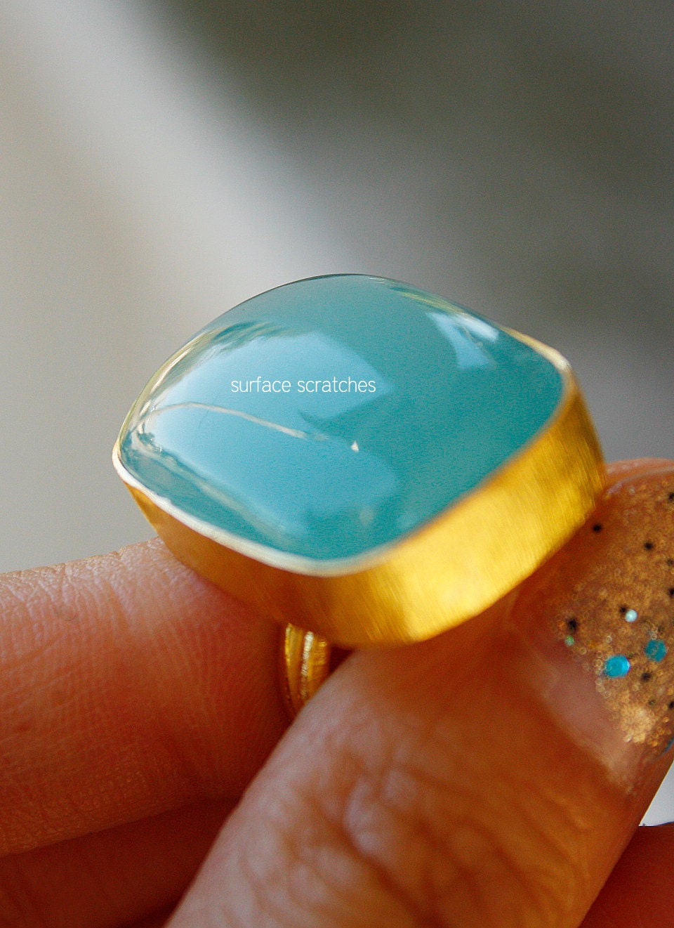 SALE Large Aqua Blue Chalcedony Ring - Rectangle - Adjustable Ring, Marked Down